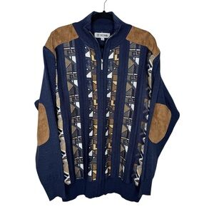 STACY ADAMS / blue brown western aztec printed zip up sweater jacket / L